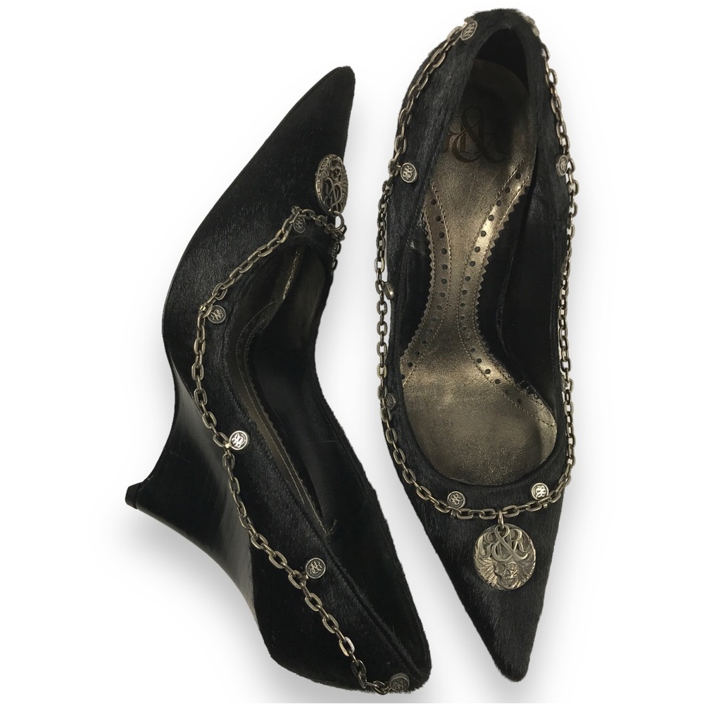 Rock & Republic Pointed Toe Fur Wrap Around Chained Logo Wedge Black Size EU 36 - Picture 6 of 15